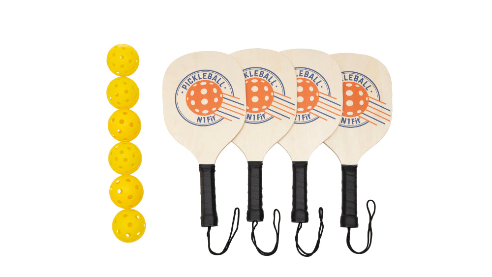 4 wood pickleball paddles and 6 wiffle balls