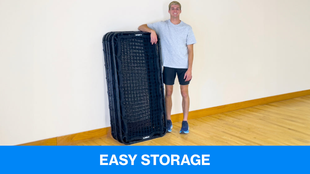 person leaning on the portable sports nets with text that says "easy storage"