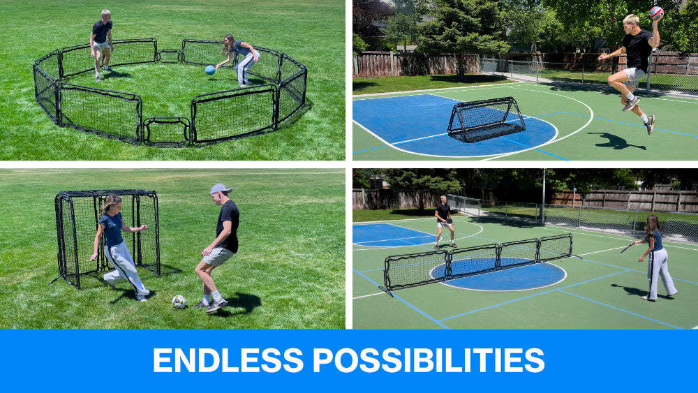 people using portable sports nets for panna soccer cage and pickleball net. Text says endless possibilities.